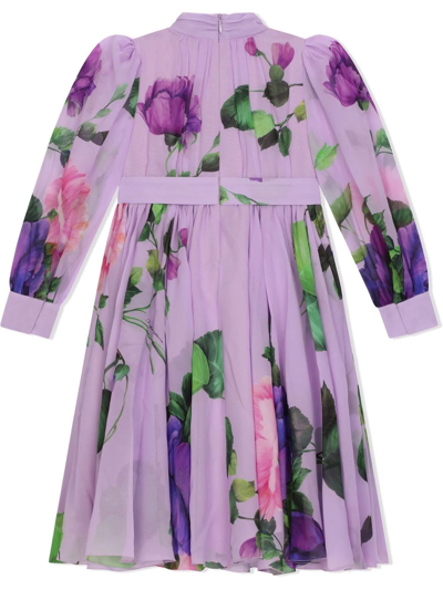Shop Dolce & Gabbana Floral-print Pussybow Dress In Purple