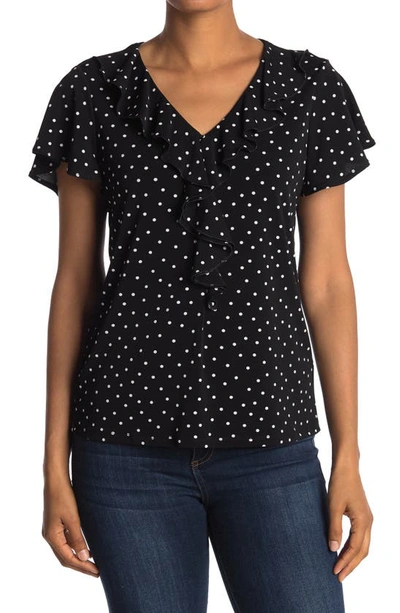 Shop Adrianna Papell Polka Dot V-neck Flutter Sleeve Moss Crepe Top In Black Basic Dot