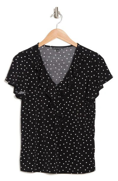 Shop Adrianna Papell Polka Dot V-neck Flutter Sleeve Moss Crepe Top In Black Basic Dot