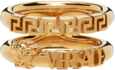 Shop Versace Rose Gold La Medusa Greca Double Ring In 3j000 Gold