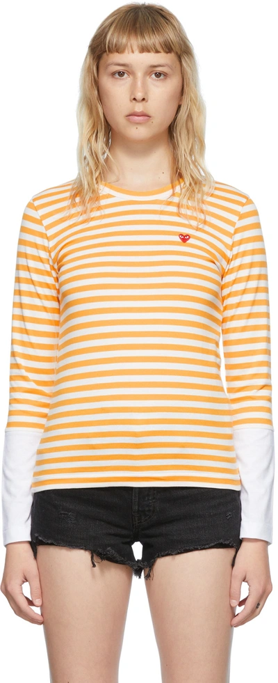 Shop Comme Des Garçons Play White Cotton Long Sleeve T-shirt In Yellow/white
