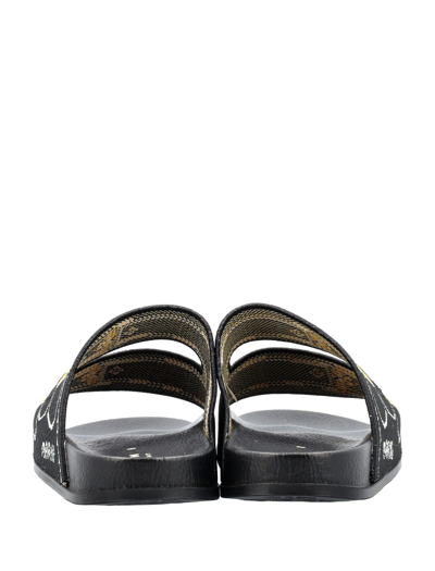 Shop Marni Two-strap Jacquard Slides In Black Gold