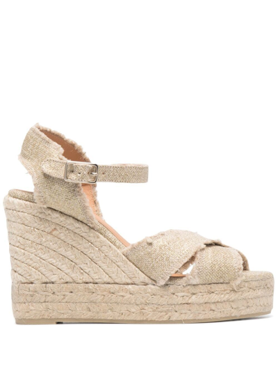 Shop Castaã±er Bromelia Wedge Espadrille In Natural Linen With Gold Glitter In Oro Claro
