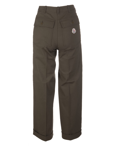 Shop Moncler Woman Military Green Cropped Chino Trousers In Verde Oliva