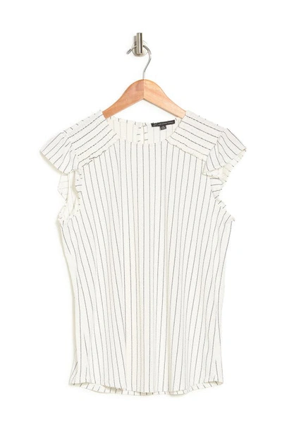 Shop Adrianna Papell Print Moss Crepe Ruffle Sleeve Shirt In Ivory Vertical Pinstripe