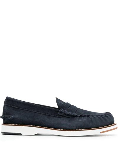 Shop Tod's Midnight Blue Calf Suede Penny Slot Loafers