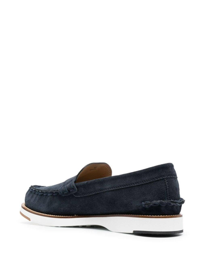 Shop Tod's Midnight Blue Calf Suede Penny Slot Loafers