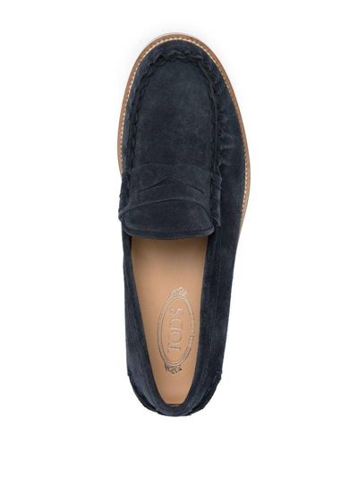 Shop Tod's Midnight Blue Calf Suede Penny Slot Loafers