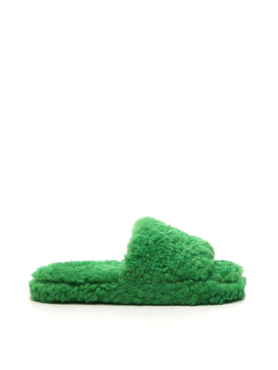 Shop Bottega Veneta Botterga Veneta Green Parakeet Sandals In Leather Teddy Shearling