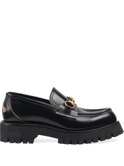 Shop Gucci Black And Gold Lug Sole Horsebit Loafers