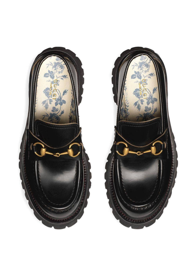 Shop Gucci Black And Gold Lug Sole Horsebit Loafers