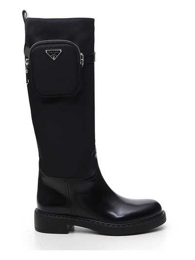 Shop Prada Brushed Leather And Nylon Boots With Pouch In Black