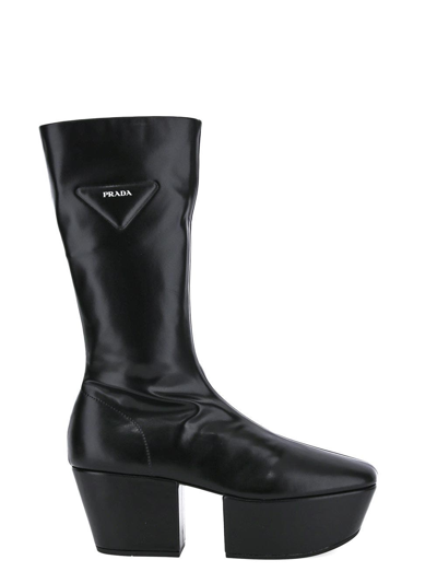 Prada Triangle Logo Platform Boots In Black