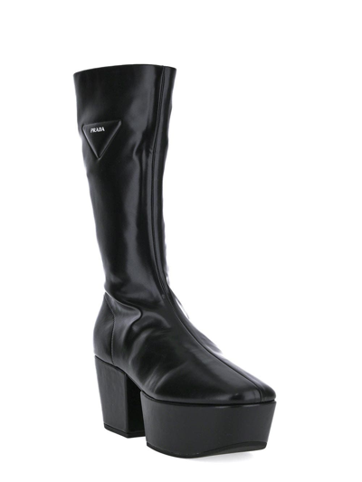 Prada Triangle Logo Platform Boots In Black