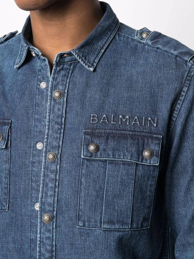 Shop Balmain Logo-embossed Denim Shirt