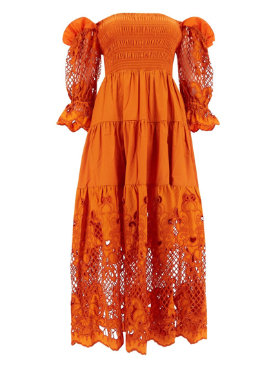Shop Self-portrait Lattice Embroidered Cotton Midi Dress In Orange