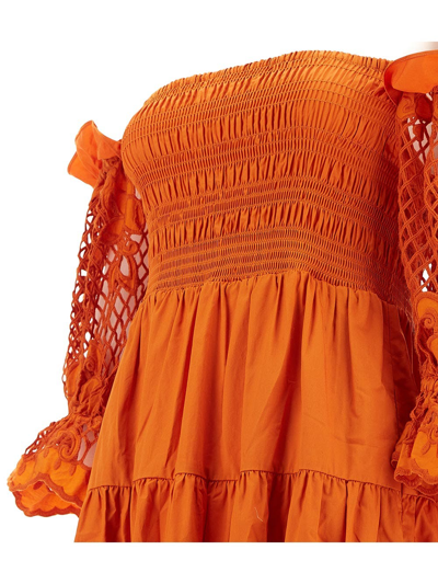Shop Self-portrait Lattice Embroidered Cotton Midi Dress In Orange