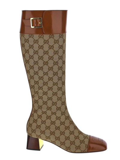 Shop Gucci Gg Knee-high Boot In Beige