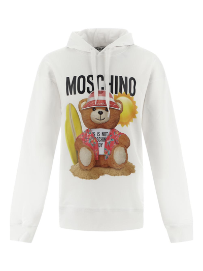 Shop Moschino Teddy Bear Motif Cotton Hoodie In White