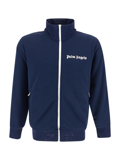 Shop Palm Angels Logo Print Zipped Track Jacket In Blue
