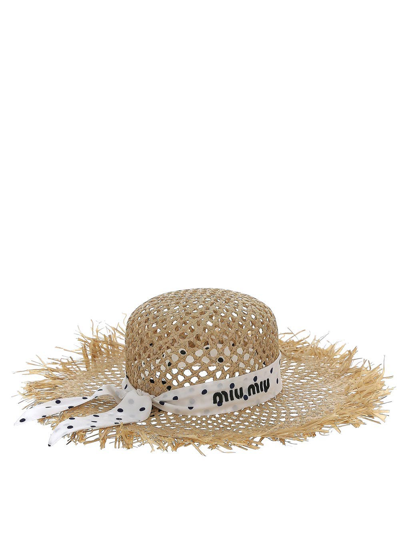 Shop Miu Miu Polka-dot Print Raffia Hat