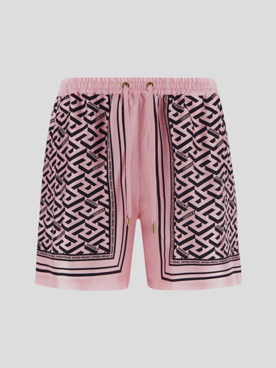 Shop Versace La Greca Print Shorts In Pink