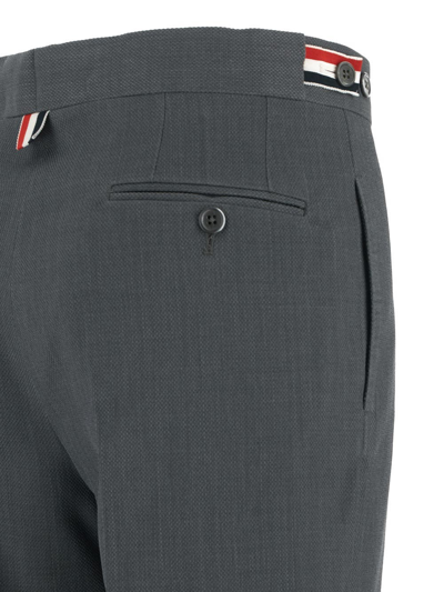 Shop Thom Browne Pique Suiting Slim Low Rise Trousers In Grey