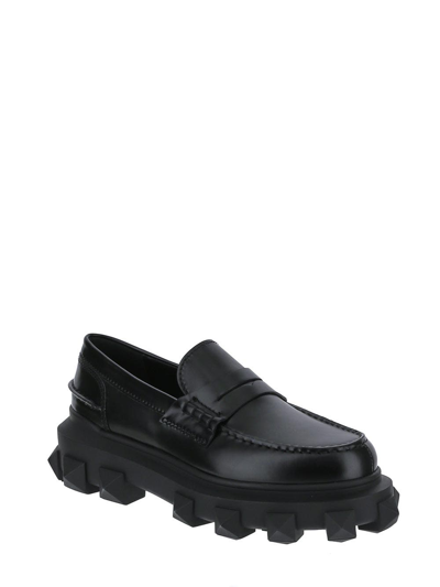 Shop Valentino Trackstud Leather Loafers In Black