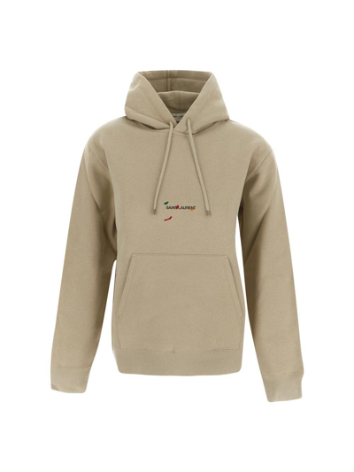 Shop Saint Laurent Logo Print Hoodie In Beige