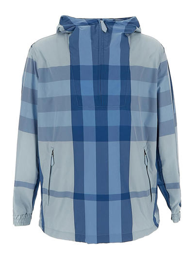 Shop Burberry Check Packaway Nylon Oversized Hooded Jacket In Blue