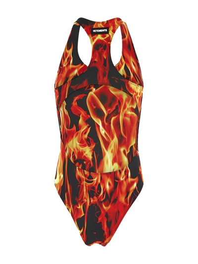 Shop Vetements Flames Print Swim Suit In Black