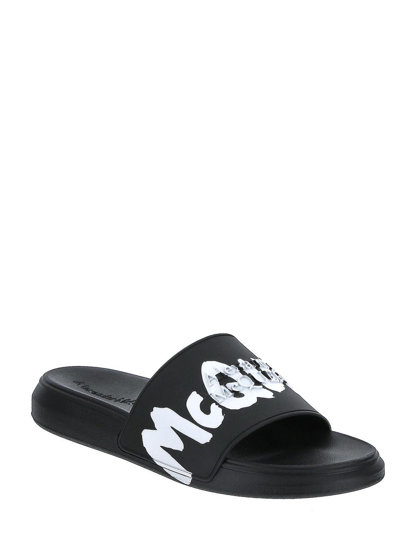 Shop Alexander Mcqueen Graffiti Logo Slides In Black