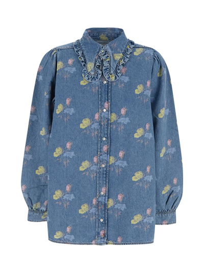 Shop Ganni Flower Denim Shirt In Blue