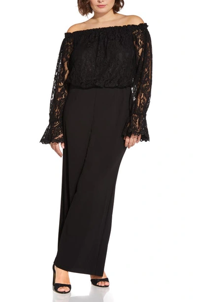 Shop Adrianna Papell Off The Shoulder Lace & Crepe Jumpsuit In Black