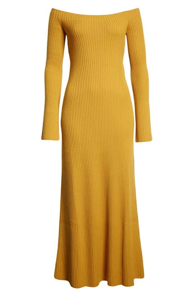 Shop Chloé Ribbed Off The Shoulder Long Sleeve Wool & Cashmere Sweater Dress In Sunlight Yellow