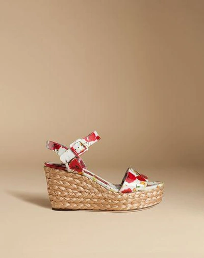 Shop Dolce & Gabbana Patent Sandal With Woven Raffia Wedge In White
