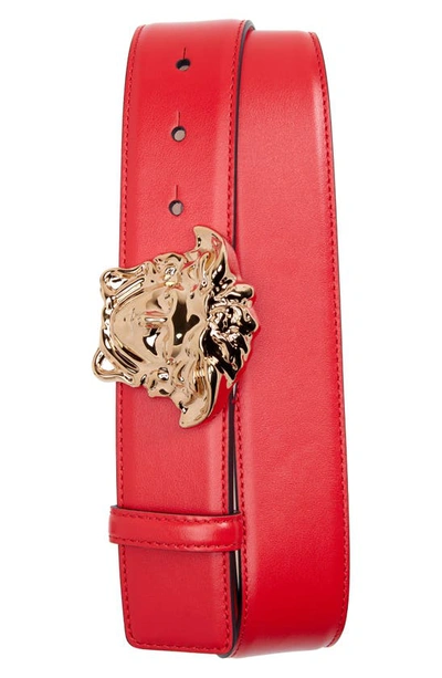 Shop Versace Medusa Head Leather Belt In Red/ Gold