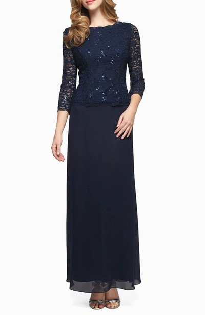 Shop Alex Evenings Sequin Lace & Chiffon Gown In Navy
