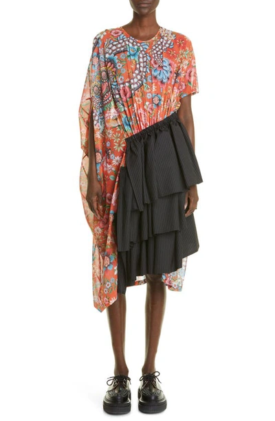 Shop Junya Watanabe Mixed Media Wool & Cotton Voile Dress In Orange/ Black Multi