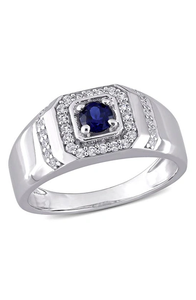 Delmar Sterling Silver Created White & Blue Sapphire Halo Ring In White