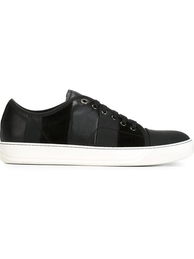 Lanvin Striped Calfskin And Suede Basket Trainers In Black