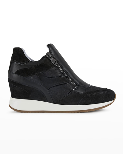 Shop Geox Nydame Mixed Leather Wedge Sneakers In Blk Oxford