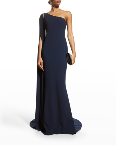 Shop Romona Keveza Detachable Cape-sleeve One-shoulder Gown In Navy