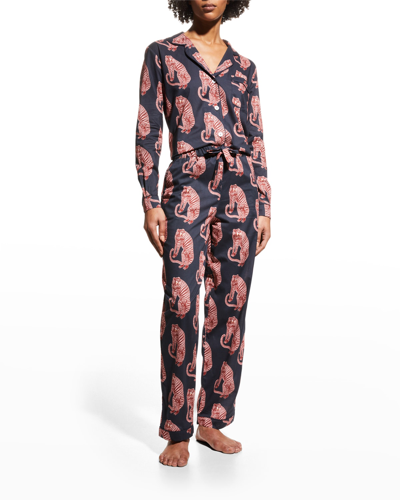 Shop Desmond & Dempsey Tiger-print Cotton Pajama Set In Navy