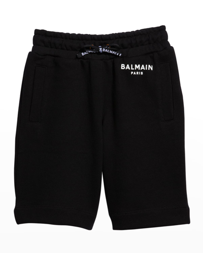 Shop Balmain Boy's Logo-print Sweat Shorts In 930 Black