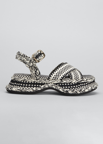 Shop Chloé Meril Woven Cotton Ankle-strap Sandals In White - Black 1