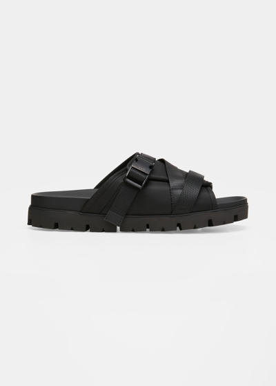 Shop Prada Men's Fusbett Nastro Strappy Buckle Lug-sole Slides In Nero