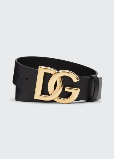 Shop Dolce & Gabbana Men's Dg-logo Leather Buckle Belt In Black/gold