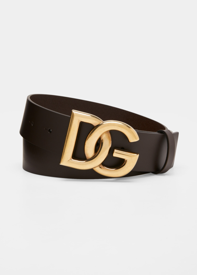 Shop Dolce & Gabbana Men's Dg-logo Leather Buckle Belt In Dark Brown