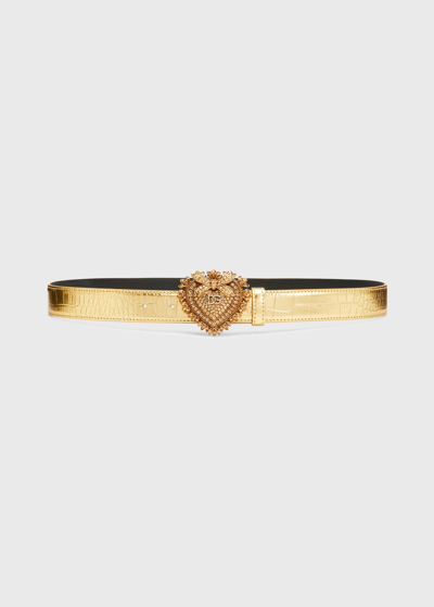 Shop Dolce & Gabbana Devotion Heart Metallic Alligator-print Belt In Gold